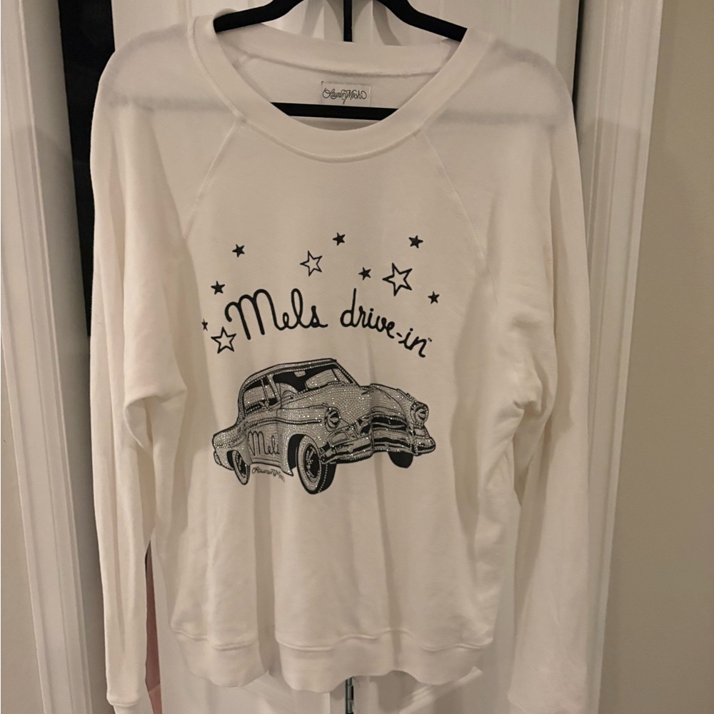 Lauren Moshi Mel's Drive-In Graphic White Sweatshirt with sparkly car!